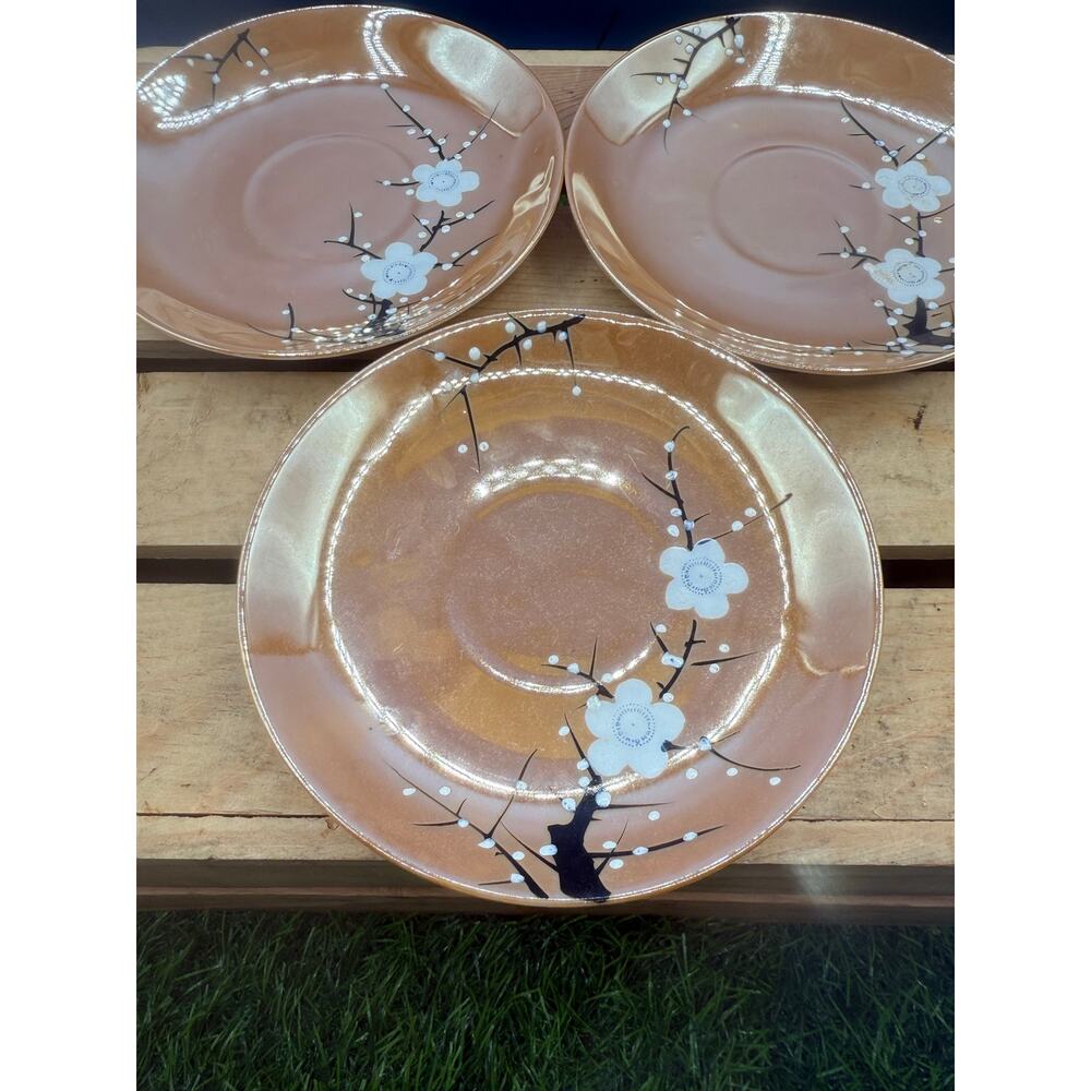 Vintage Japanese Lustreware Cherry Blossom Tea Cups & Saucers - Set of 3 - Picture 4 of 8